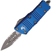 Microtech 23811APBL Auto Mini Troodon Apocalyptic Part Serrated Double Edge OTF Knife Blue Handles