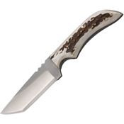 Anza JWK1FE Anza Fixed Tanto Blade Knife with Brown Leather Belt Sheath Elk Handle