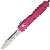 Microtech 12111PK Auto Ultratech Stonewashed Part Serrated Single Edge OTF Knife Pink Handles