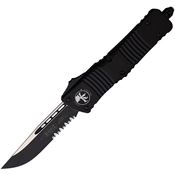 Microtech 1432T Auto Combat Troodon Black/Satin Part Serrated Single Edge OTF Knife Black Handles