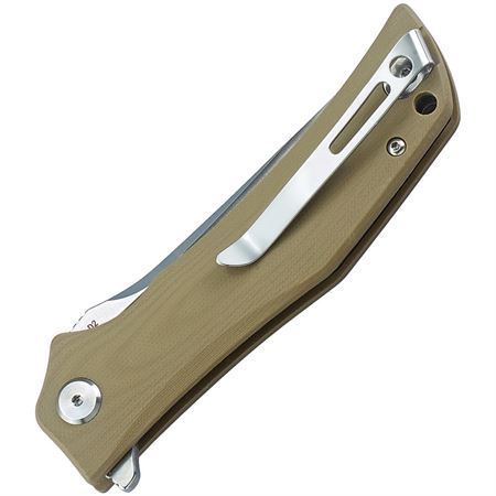 Bestech G05C1 Scimitar Clip Point Satin Finish Blade Linerlock Folding Pocket Knife with Tan G-10 Handle – Additional Image #1