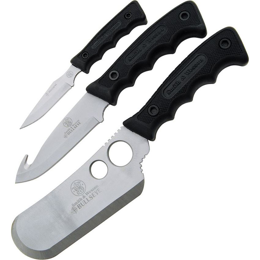 Smith & Wesson CAMP Campfire Fixed Blade Knife with Black Checkered Rubber Handle - Set of 3