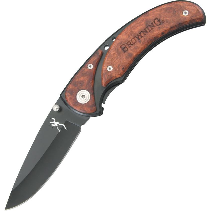 Browning 068 Framelock Folding Pocket Black Finish Stainless Blade Knife with Cocobolo Wood Onlay Handle