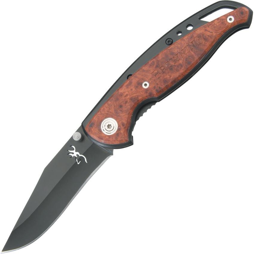 Browning 069 Framelock Folding Pocket Black Clip Point Blade Knife with Cocobolo Wood Onlay Handle