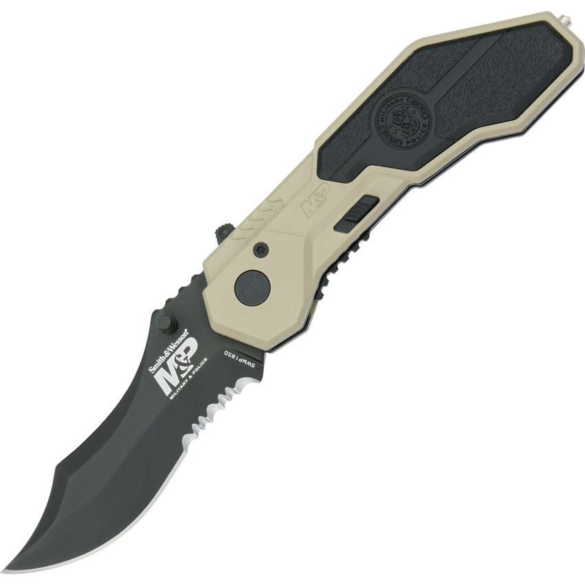 Smith & Wesson MP1BSD M&P Assisted Opening Part Serrated Linerlock Folding Pocket Knife with Desert Tan Aluminum Handles