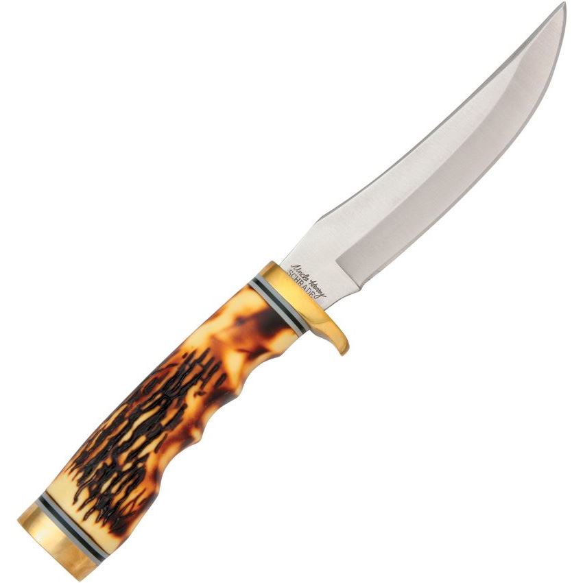 Schrade 153UH Uncle Henry Golden Spike Fixed Stainless Blade Knife with Delrin Stag Handle