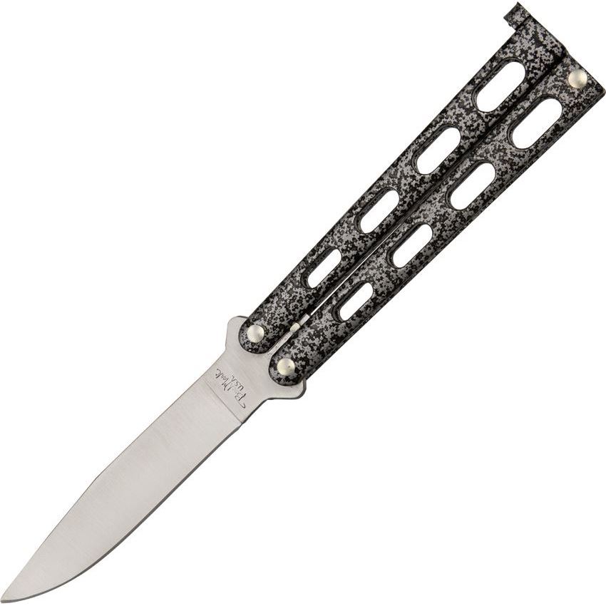 Benchmark 008 Balisong Folding Pocket Knife with Silver and Black Metal Handle