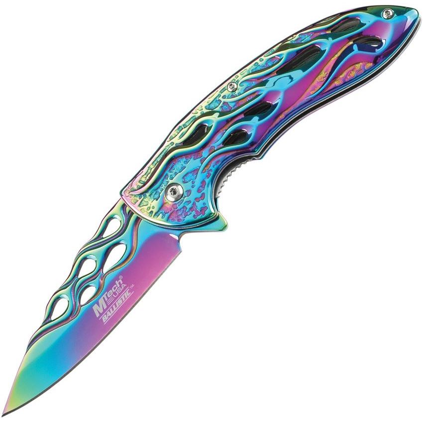 MTech MTA822RB Flame Linerlock Assisted Opening Rainbow Stainless Folding Pocket Knife with Aluminum Handle