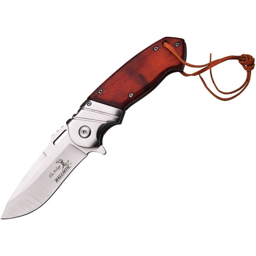 Elk Ridge A003SW Ballistic Assisted Opening Drop Point Folding Pocket Knife with Brown Pakkawood Wood Handles