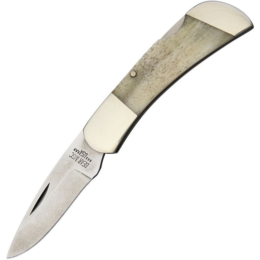 Bear & Son SB61 Midsize Lockback Drop Point Blade Folding Pocket Knife with White Smooth Bone Handle