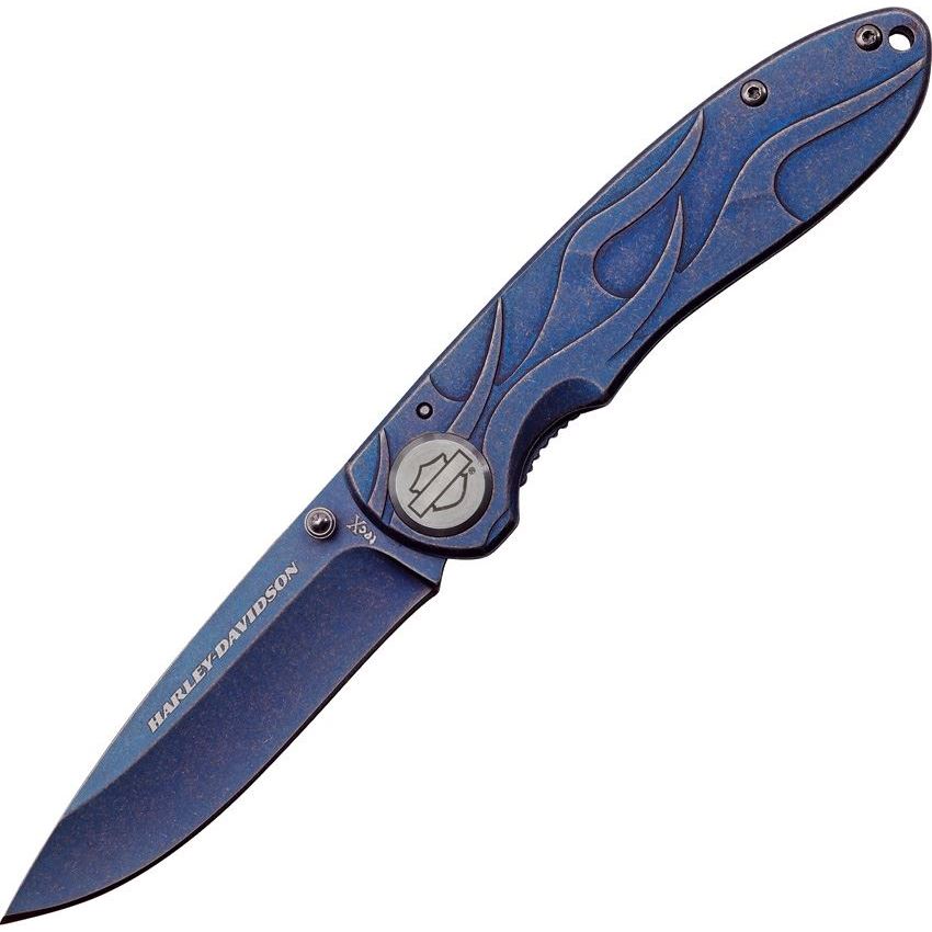 Case 52121 Tec X Harley Framelock Folding Pocket Knife with Blue Stonewash Finish Stainless Handles