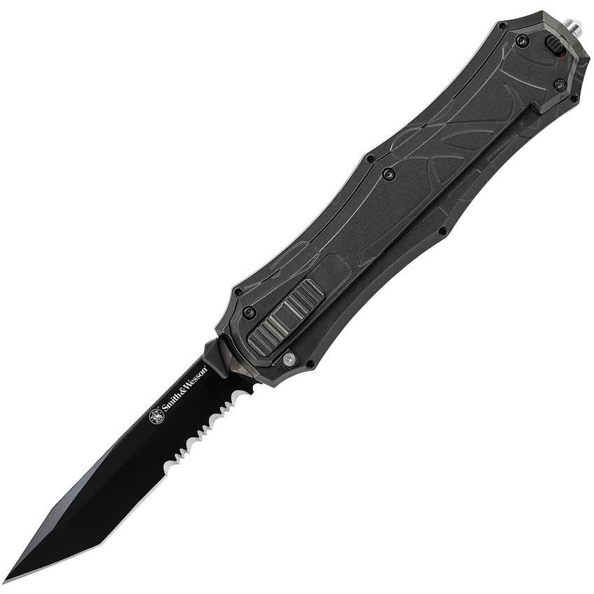 Smith & Wesson OTF9TBS Otf Assist Finger Folding Pocket Knife with Black Sculpted Aluminum Handle