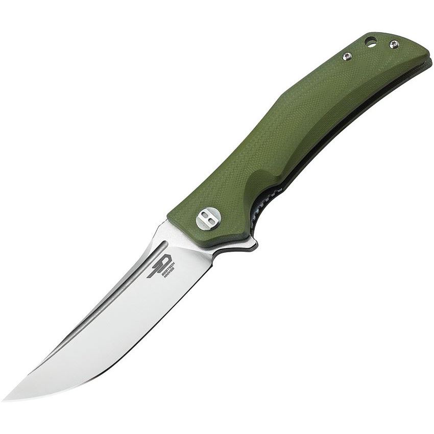 Bestech G05B1 Scimitar Clip Point Satin Finish Blade Linerlock Folding Pocket Knife with Green G-10 Handle