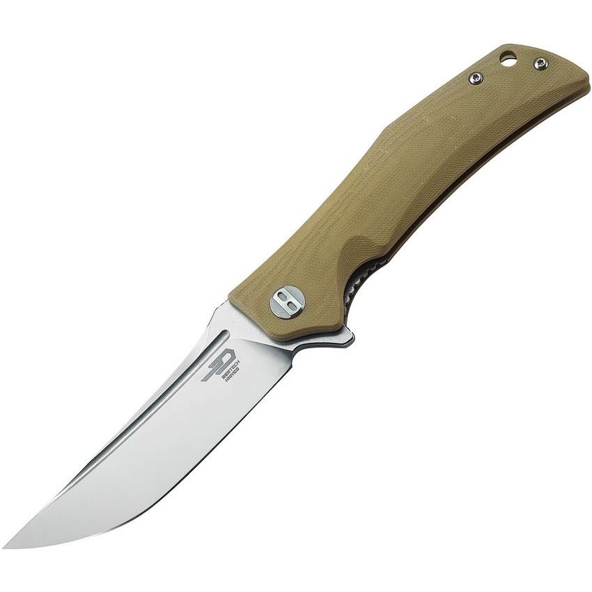 Bestech G05C1 Scimitar Clip Point Satin Finish Blade Linerlock Folding Pocket Knife with Tan G-10 Handle