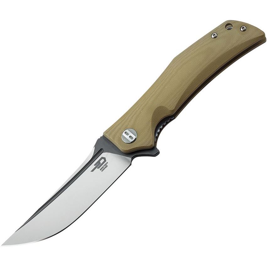 Bestech G05C2 Scimitar Clip Point Two-Tone Blade Linerlock Folding Pocket Knife with Tan G-10 Handle