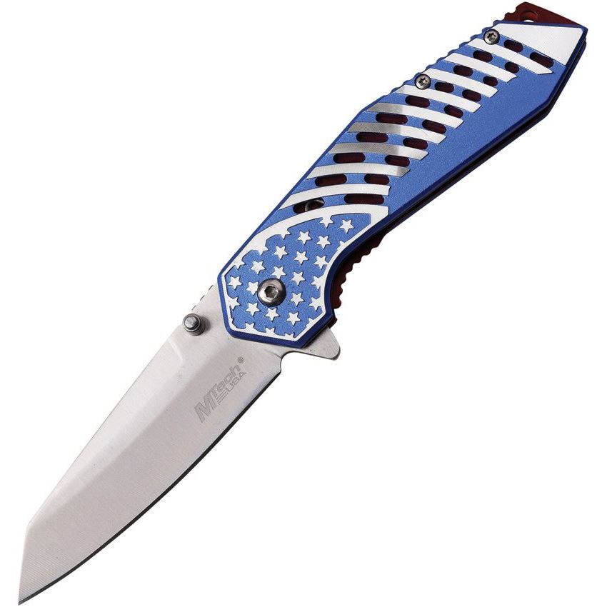 MTech A1080 Linerlock Assisted Opening Stainless Blade Knife with Blue and Silver Anodized Aluminum Handle