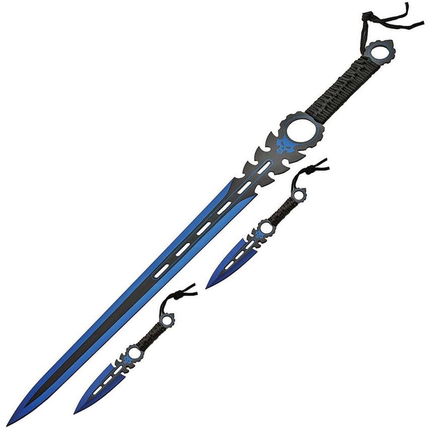 China Made 926932BL Monster Blue Skull Artwork Stainless Blade Sword with Black Cord Wrapped Handle - Set