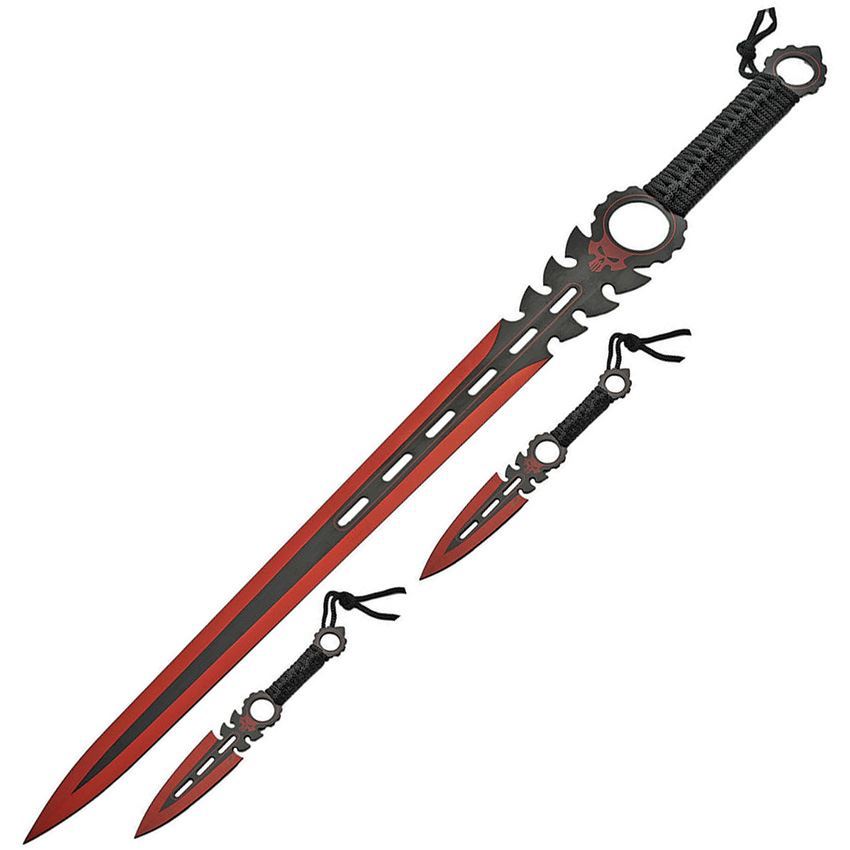 China Made 926932RD Monster Red Skull Artwork Stainless Blade Sword with Black Cord Wrapped Handle - Set