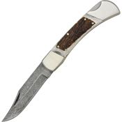 Damascus 1020 Lockback Folding Pocket Damascus Steel Clip Blade Knife with Genuine Stag Handles