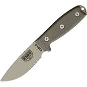 ESEE 3SMDT Model 3 Part Serrated Fixed Blade Knife with OD Green Canvas Micarta Modified Rounded Pommel Handles
