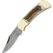 Damascus 1019 Lockback Folding Pocket Damascus Steel Clip Blade Knife with Stag Handles
