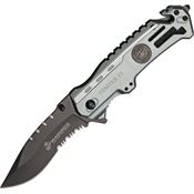 Marine 1002DS Assisted Opening Part Serrated Drop Point Linerlock Folding Pocket Knife with Silver Aluminum Handles