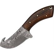 Damascus M1063 Guthook Fixed Damascus Steel Guthook Blade Knife with Brown Wood Handles