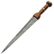 Damascus 1060 Dirk Fixed Damascus Steel Double Edge Blade Knife with Brown Wood Handles
