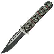 China Made 300325GY Skull Gray Assisted Opening Part Serrated Clip Point Linerlock Folding Pocket Knife