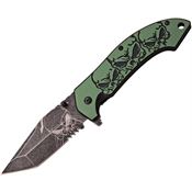 MTech 903TQ Skull Green Assisted Opening Part Serrated Linerlock Folding Pocket Knife