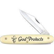 Frost NB1 Novelty God Protects Folding Pocket Knife with Composition Handle