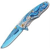 China Made 300399BL Mermaid Blue Assisted Opening Drop Point Linerlock Folding Pocket Knife