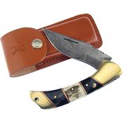 Frost TS198DM Frost Cutlery Damascus Folder Stag with Brown Leather Belt Sheath