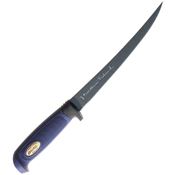 Marttiini 836014T Martef Fillet Knife with Leather Sheath and Blue Textured Rubber Handle