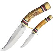 Rough Rider 1944 Stainless Clip Point Blade Knife with Stag bone handle- Two Piece Hunters Set