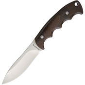 Browning 0214 Fixed Satin Finish Stainless Drop Point Blade Knife with Brown Finger Grooved Wood Handle