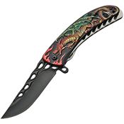 China Made 300452 Linerlock Assisted Opening Black Finish Stainless Clip Point Blade Knife with Dragon and Flame Artwork Handle