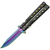 China Made 300458RB Linerlock Assisted Opening Spectrum Finish Stainless Clip Point Blade Knife with Black Butterfly Style Handle