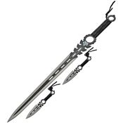 China Made 926932BK Monster White Skull Artwork Stainless Blade Sword with Black Cord Wrapped Handle - Set