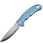 Artisan 1702GDBU Damascus Steel Blade Tradition Framelock Knife with Blue Titanium Handle