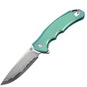 Artisan 1702GDGN Damascus Steel Blade Tradition Framelock Knife with Green Titanium Handle