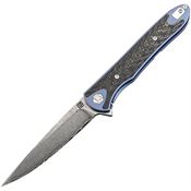 Artisan 1707GDBU Damascus Steel Blade Shark Framelock Knife with Blue Titanium Handle