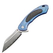 Artisan 1818GDBU Damascus Steel Blade Immortal Framelock Knife with Blue Titanium Handle