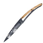 Deejo 1GB135 Tattoo Black 37g Wolf Knife with Olive Wood Handle