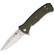 Al Mar K2209 Mini SERE 2020 Assist Open Part Serrated Linerlock Knife OD Green Handles