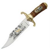 China Made 210313 Bowie Satin Fixed Blade Knife Twin Deer Gold and Brown Handles