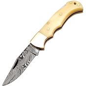 FH BNE001 Damascus Clip Point Lockback Knife Natural Smooth Bone Handles