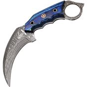 FH KMBT001 Damascus Karambit Fixed Blade Knife Blue Handles