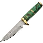 Damascus 1345 Brass Forest Hunter Damascus Fixed Blade Knife Green Handles