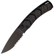 Piranha 14BKTS Auto X Black Part Serrated Button Lock Knife Black Handles